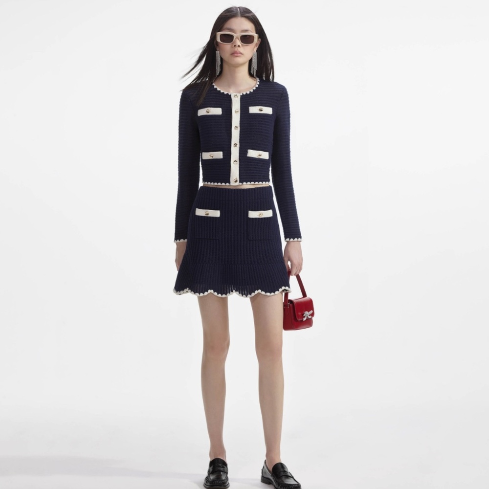 self-portrait Navy Crochet Contrast Trim Mini Skirt - Size: M - MSRP $405 - NWT